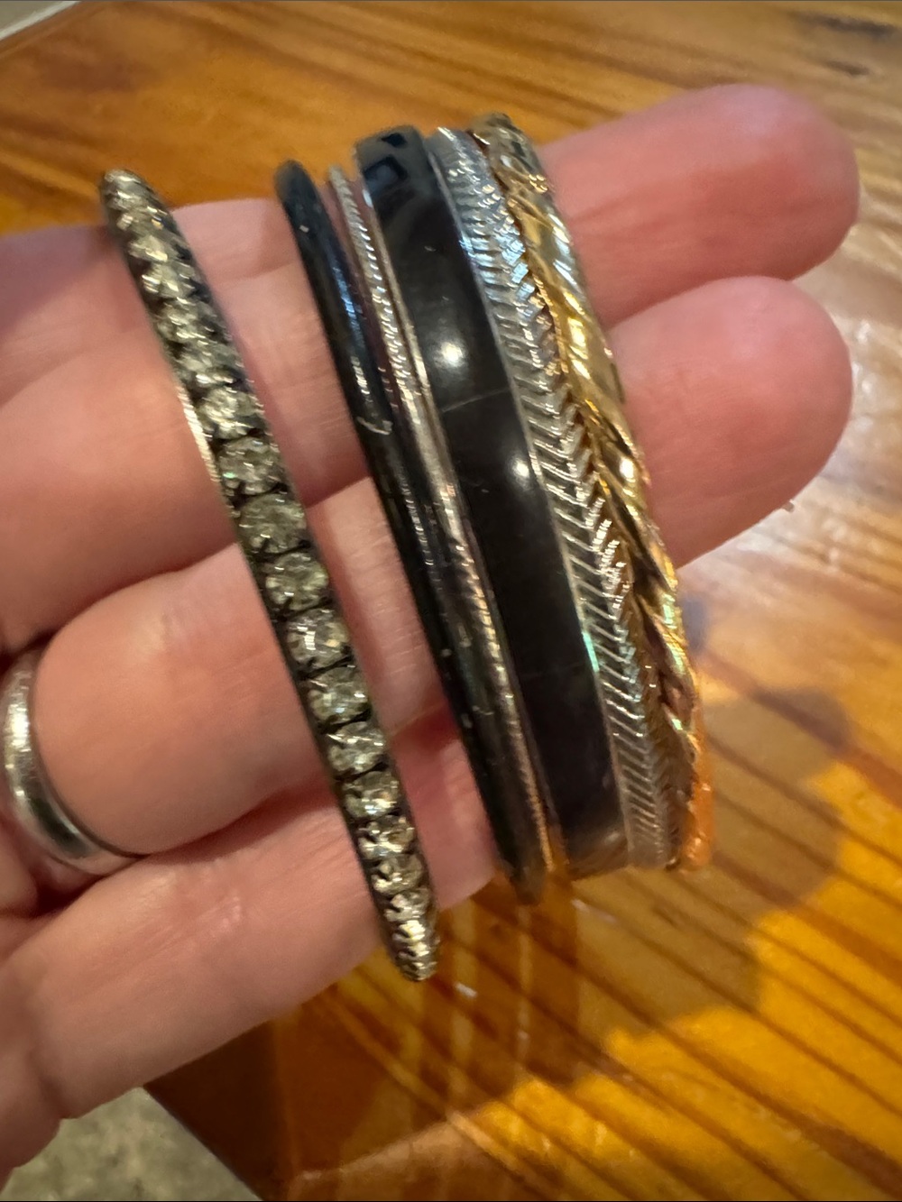 Mixed Metal and Black Bangle Stack - Sparkle Accent